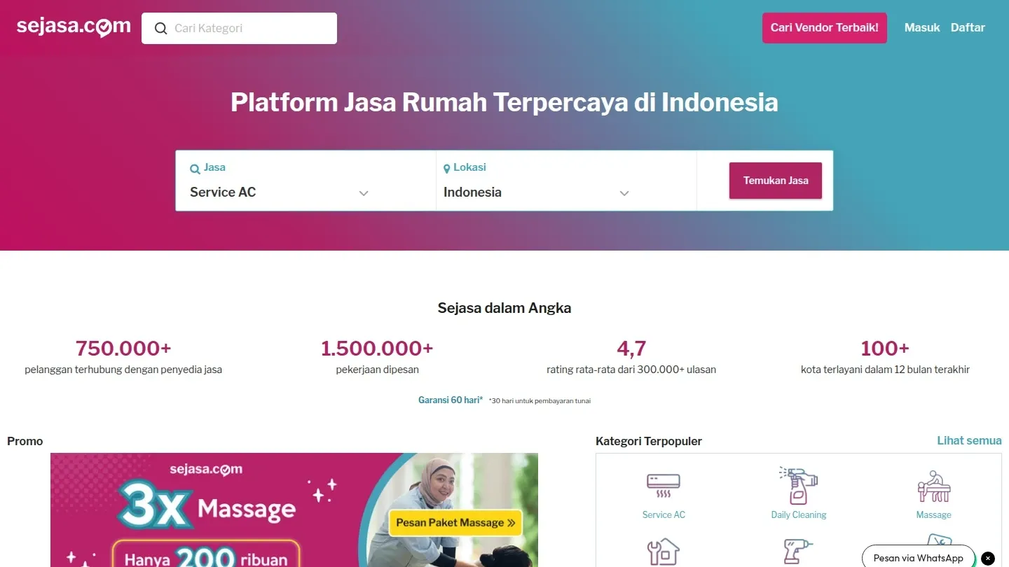 Tampilan beranda Sejasa